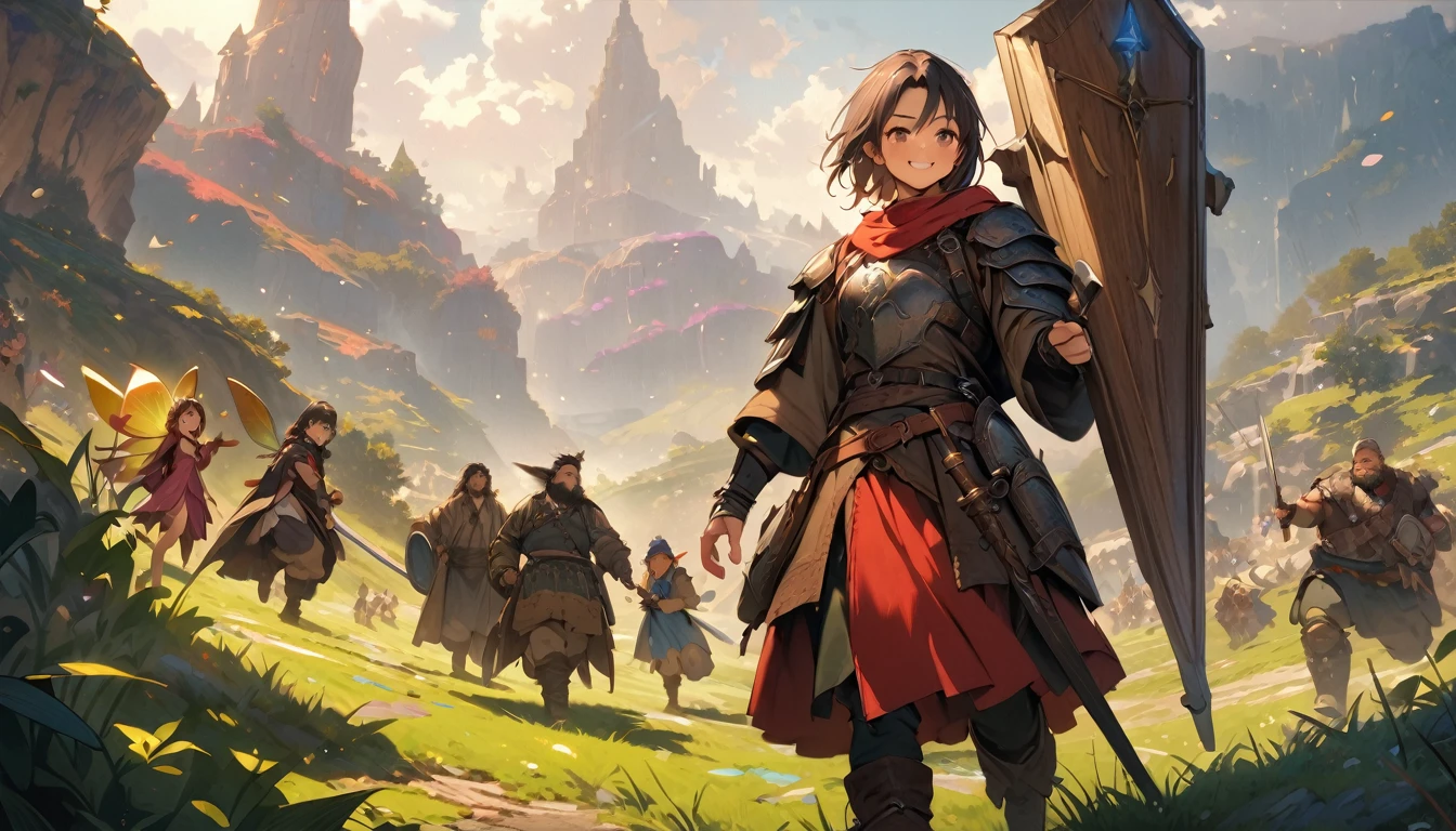 (masterpiece:1.4), (Highest quality:1.4), Very detailed, Complex, Very detailed, shape,Soft lighting, Scenic, More than one personで走り出そうとしている, Hopeful Face, smile, More than one person, Mixed gender, a group of adventurers, character from RPG games, (character: human, Fairy, Fairy, Dwarf, The Hobbit), (exterior: Swordsman Style, Shaman Style, Monk Style, Magician style), (belongings: Long sword, dagger, Holy Staff, Magic wand, shield, metal armor, Leather Armor), Perfectly accurate anatomical shape、All limbs intact、Perfect full finger, Colorful characters, A landscape colored in earth tones, Huge, Majestic, Running towards tomorrow々, Uplifting expressions, みんなのsmileが素晴らしい.