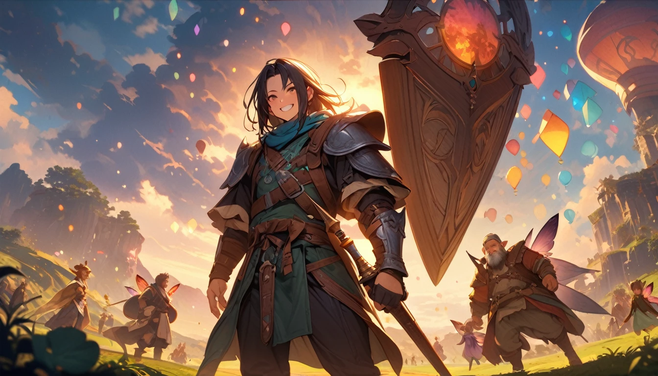 (masterpiece:1.4), (Highest quality:1.4), Very detailed, Complex, Very detailed, shape,Soft lighting, Scenic, More than one personで走り出そうとしている, Hopeful Face, smile, More than one person, Mixed gender, a group of adventurers, character from RPG games, (character: human, Fairy, Fairy, Dwarf, The Hobbit), (exterior: Swordsman Style, Shaman Style, Monk Style, Magician style), (belongings: Long sword, dagger, Holy Staff, Magic wand, shield, metal armor, Leather Armor), Perfectly accurate anatomical shape、All limbs intact、Perfect full finger, Colorful characters, A landscape colored in earth tones, Huge, Majestic, Running towards tomorrow々, Uplifting expressions, みんなのsmileが素晴らしい.