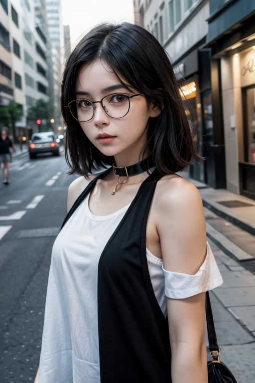 white girl with glasses and shoulder-length black hair, black shirt on the street, With dog collar