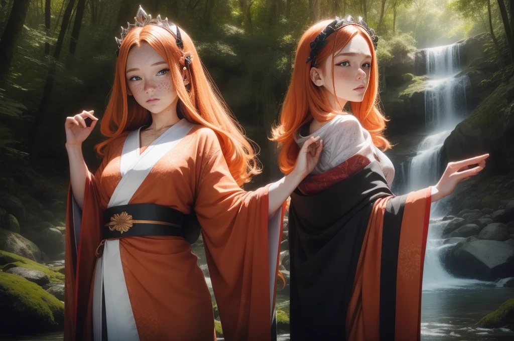 1girl, 18 years old princess, striking figure, long ginger hair, wavy hairs, fair skin, (((freckles))), ((kolito)), innocent and regal appearance, expressive eyes are filled with a mix of curiosity and determination, her slender frame, elegant grace, vibrant orange kimono with white and black decorations, ornata kimono, very long sleeves feather headdress, in a forest, waterfall