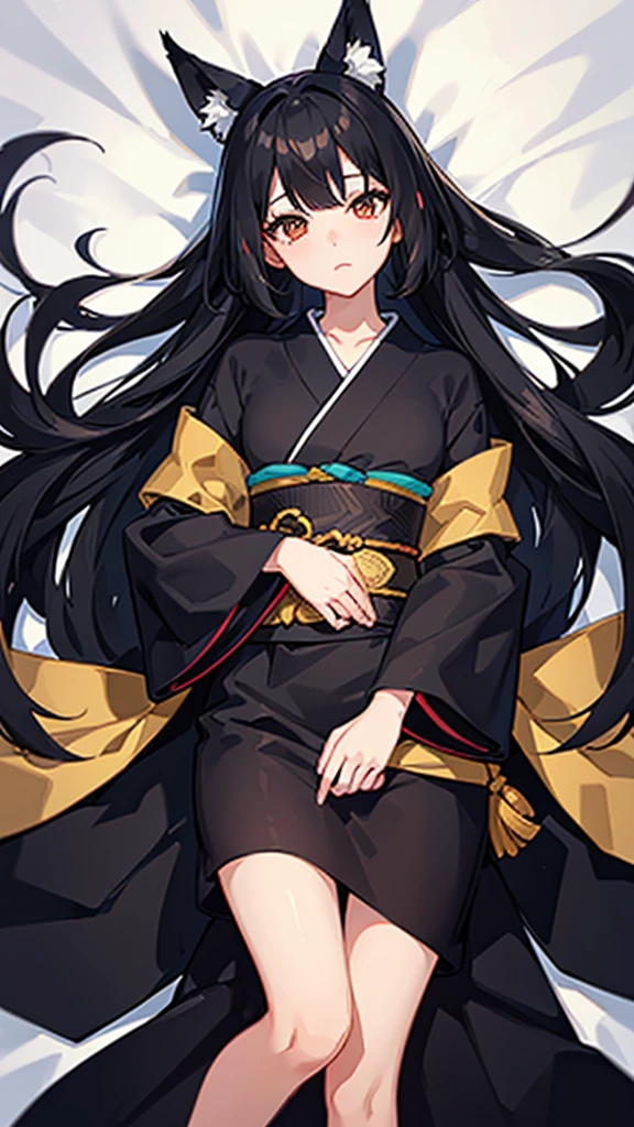 Black hair and fox ears、anime、One woman、Black Ribbon、kimono、kimono、Hime cut、anime tone、beautiful girl、best quality、high quality、good anatomy、good hands、good body、lie down、On the white bed、Facing front、