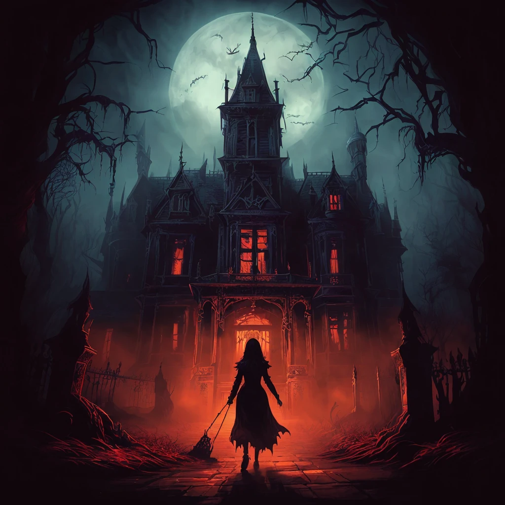 arafed image of a woman walking in front of a creepy castle, an ominous fantasy illustration, detailed 4k horror artwork, elegant horror artwork, spooky mansion, dark fantasy illustration, dark fantasy style art, scary magical background, stunning fantasy horror, eerie art style, fantasy horror art, in style of dark fantasy art, dark fantasy horror art, haunted house themed