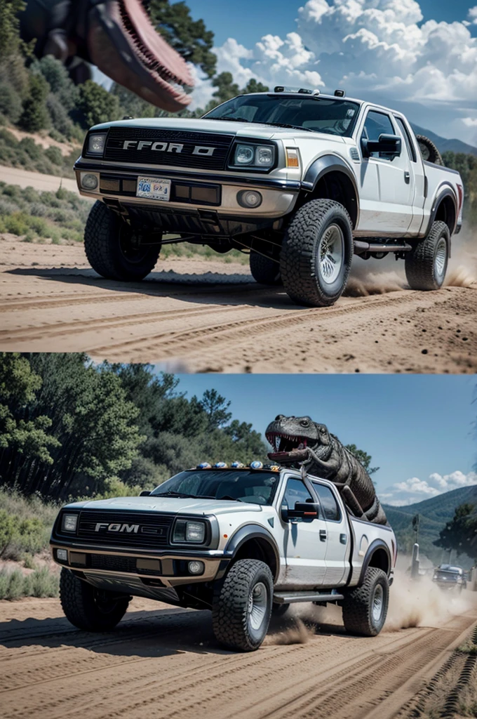 create a movie set "back to the Future" but it takes place in the age of the dinosaurs and the main car, he delorean drives a ford f150 raptor, A truck. Also that a dinosaur is running towards the truck and the truck is running away from the dinosaur. 