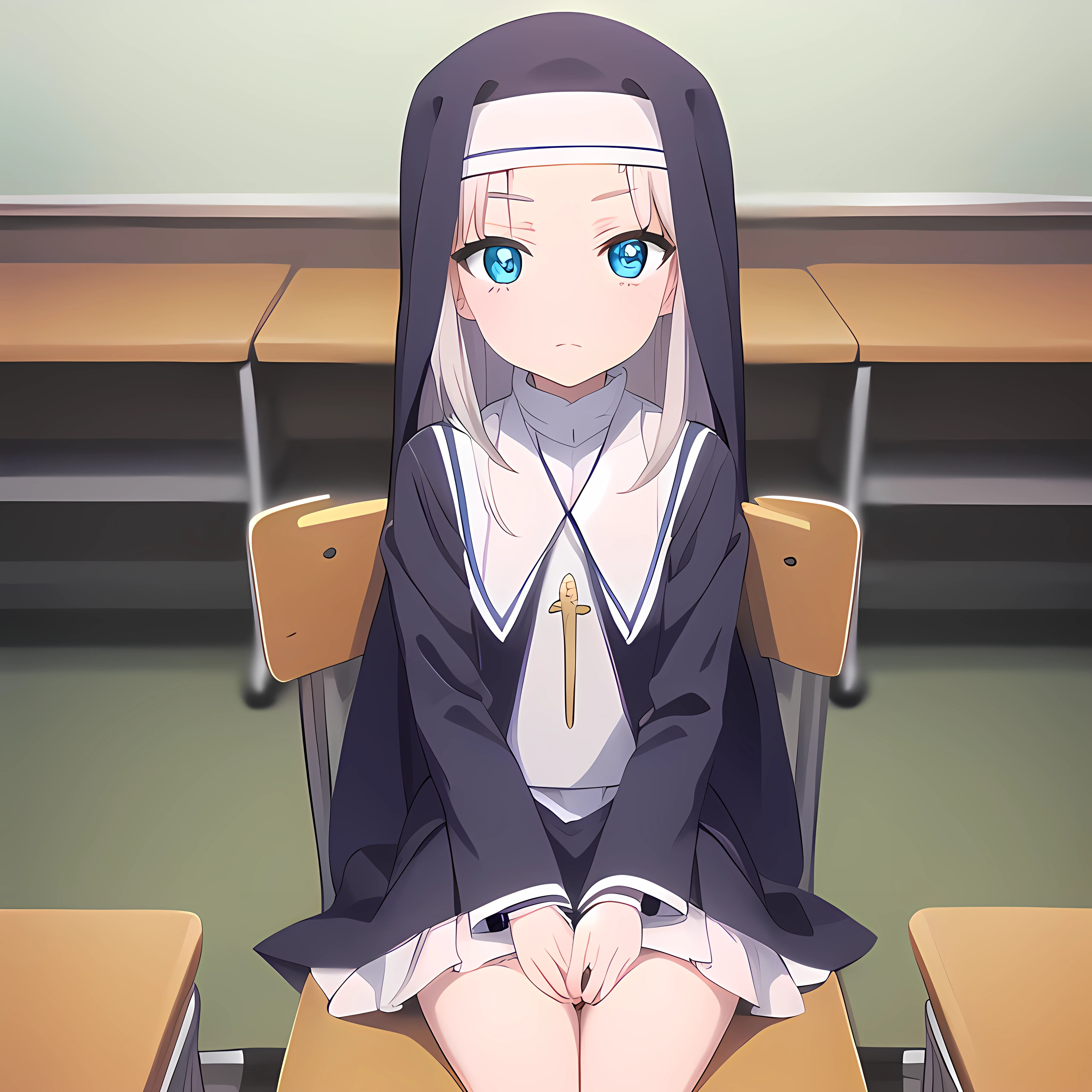 mariatakayama, maria takayama, long hair, blue eyes, fang, aqua eyes,
BREAK jewelry, heart, necklace, nun, habit, white short skirt
BREAK indoors, classroom, seated on desk
BREAK (masterpiece:1.2), best quality, high resolution, unity 8k wallpaper, (illustration:0.8), (beautiful detailed eyes:1.6), extremely detailed face, perfect lighting, extremely detailed CG, (perfect hands, perfect anatomy),