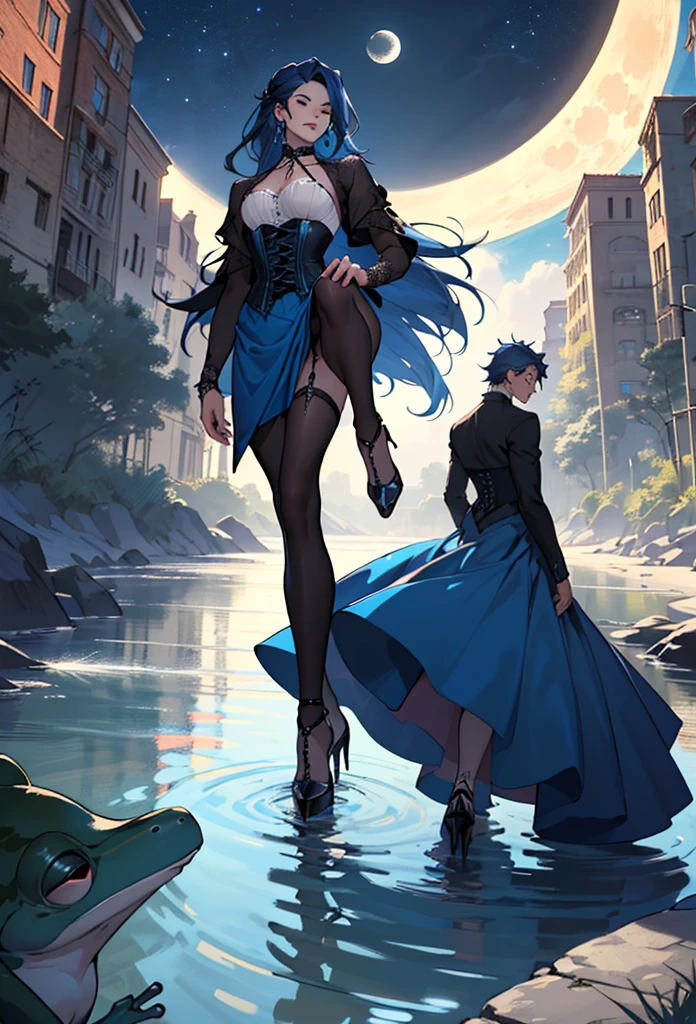 Ultra detailed (skinny man, goth, tan skin, lattin, long blue dress, corset, fashion, long dark blue hair, shallow river, wild, walking, pose, frogs, moon, magic, bottom up view, high heels over the knee)