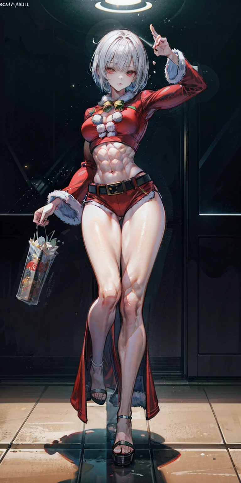 (((1 girl))), (Cassia Orsellio), (short white hair), (Red eyes), , (((wearing a sexy Santa suit))), (Full body view), (in the motel room), (((slender, muscular legs))), thin waist, Stomach Muscles, big ass, (((Full body photo))), black high heel shoes, (standing with one eye closed and showing her very sensual tongue), (((very sensual expression))), (HDR), eye reflection, extended eyes, extended eyes, moody, cheered up, minimalism, cheered up style, ray tracing, cinematic lighting, cinematic lighting, shine, shine, jpeg artifacts, bright light, rays of god, ray tracing, drop shadow, panorama, Sony FE, from behind, below, below, UHD, piece of teacher, necessary, necessary, anatomically correct, super detail, high quality , Best Quality , very high, 16k