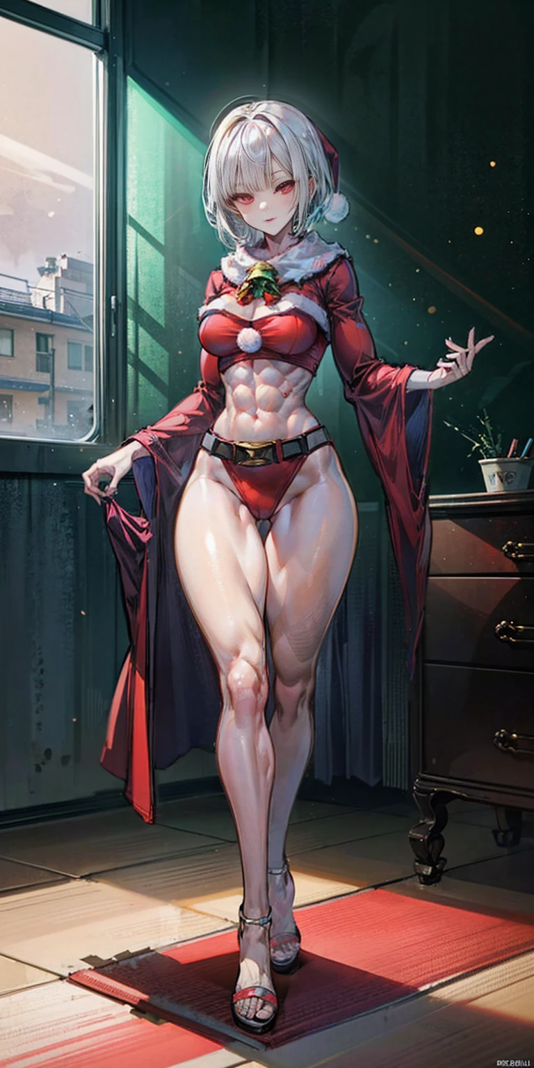 (((1 girl))), (Cassia Orsellio), (short white hair), (Red eyes), , (((wearing a sexy Santa suit))), (Full body view), (in the motel room), (((slender, muscular legs))), thin waist, Stomach Muscles, big ass, (((Full body photo))), black high heel shoes, (standing with one eye closed and showing her very sensual tongue), (((very sensual expression))), (HDR), eye reflection, extended eyes, extended eyes, moody, cheered up, minimalism, cheered up style, ray tracing, cinematic lighting, cinematic lighting, shine, shine, jpeg artifacts, bright light, rays of god, ray tracing, drop shadow, panorama, Sony FE, from behind, below, below, UHD, piece of teacher, necessary, necessary, anatomically correct, super detail, high quality , Best Quality , very high, 16k