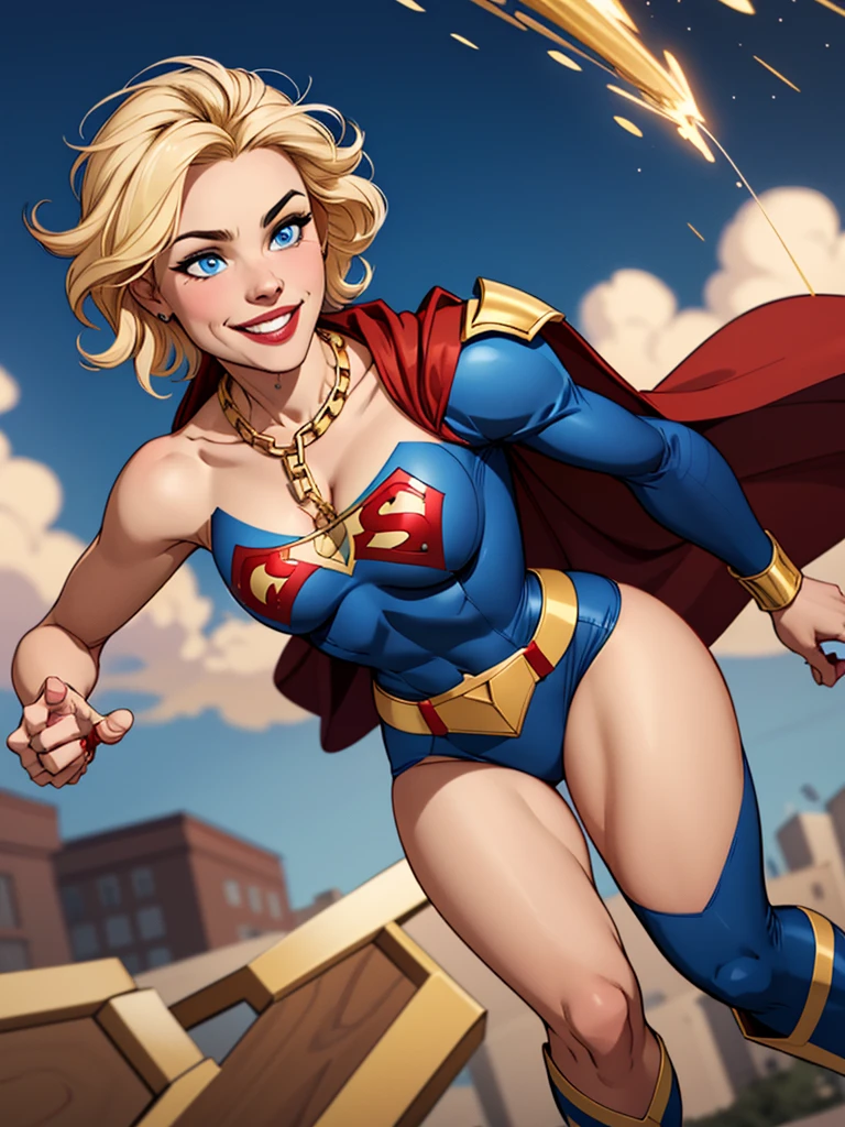 Young female, blonde with short hair, with big, bright blue eyes, wearing a blue costume, defined chest, wearing a golden shoulder pad in the shape of an eagle, with a golden chain running across his chest holding a red cape Smiling with blood splash on face and clothes