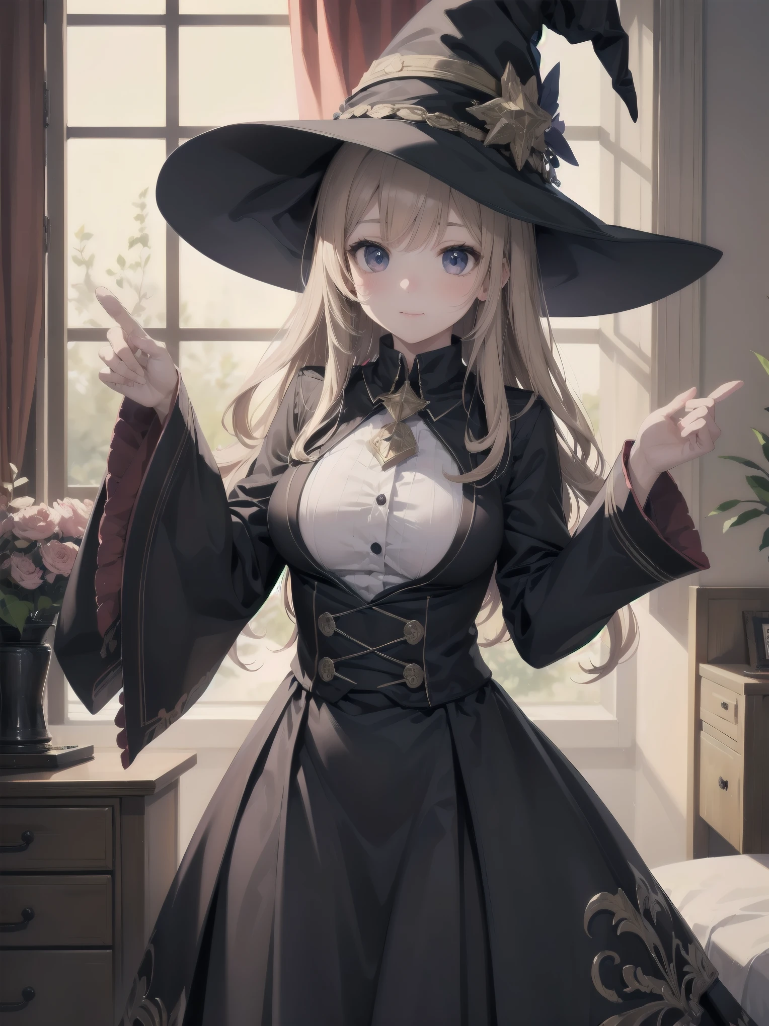 masterpiece, illustration, super detailed, kawaii, one girl, solo, witch in super cute pose, bed room, cowboy shot ,sfw, Dynamic angle
