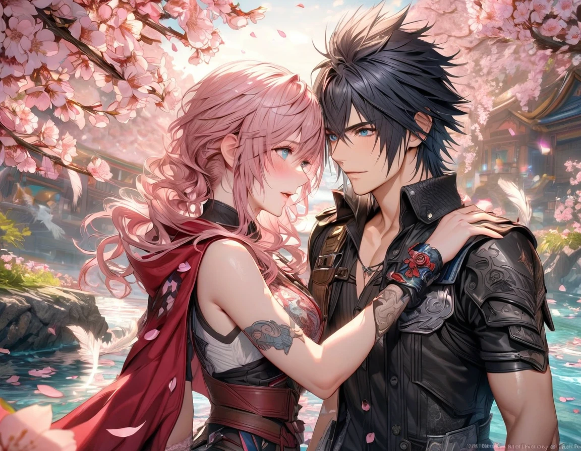 Ultra detailed, HDR, Highres, absurdres, master piece, Claire Farron, wavy pink short hair, expressive aqua pale eyes, Lightning Farron, Final Fantasy XIII, Cloud Strife, blond hair, expressive blue eyes, Final Fantasy VII (Advent Children), a beautiful woman together with a handsome man, couple, love, fantasy, magical, white feathers, pink petals, best quality, white and black clothes with patterns, red cape, blossoms, pink flowers, cherry blossoms
