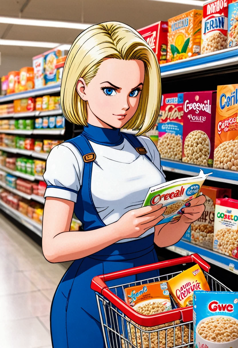 Android 18 grocery shopping, inspecting cereal brands, unaware