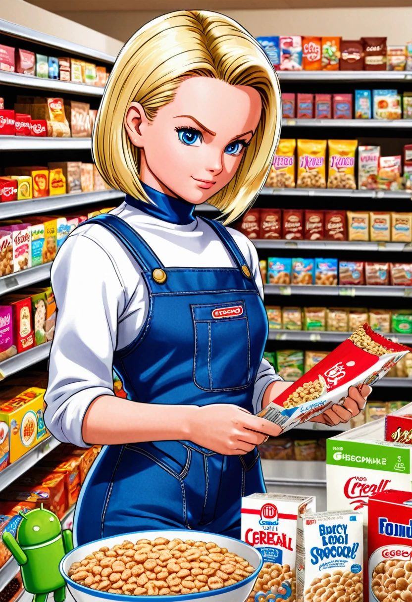 Android 18 grocery shopping, inspecting cereal brands, unaware