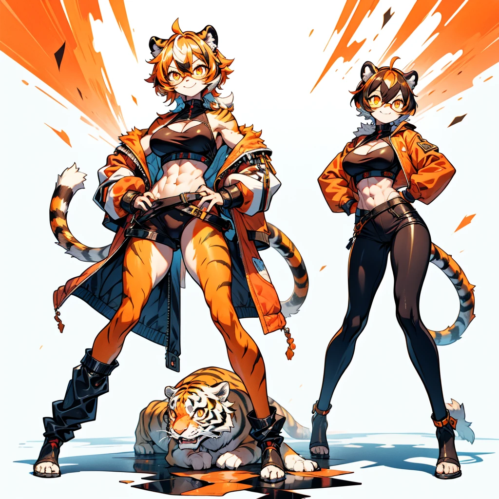 white background, full body, ((furry female:1.2)), Standing, animal ears, white hair, black hair, round eyewear, short hair, large breasts, muscle, tail, orange eyes, orange hair, multicolored hair, tiger girl, hair between eyes, tiger_ears, tiger_tail, orange-tinted_eyewear, tinted_eyewear, big breasts, evil smile, Shadows under feet, Abdominal muscles, (((Hooker outfit:1.2))), show body
