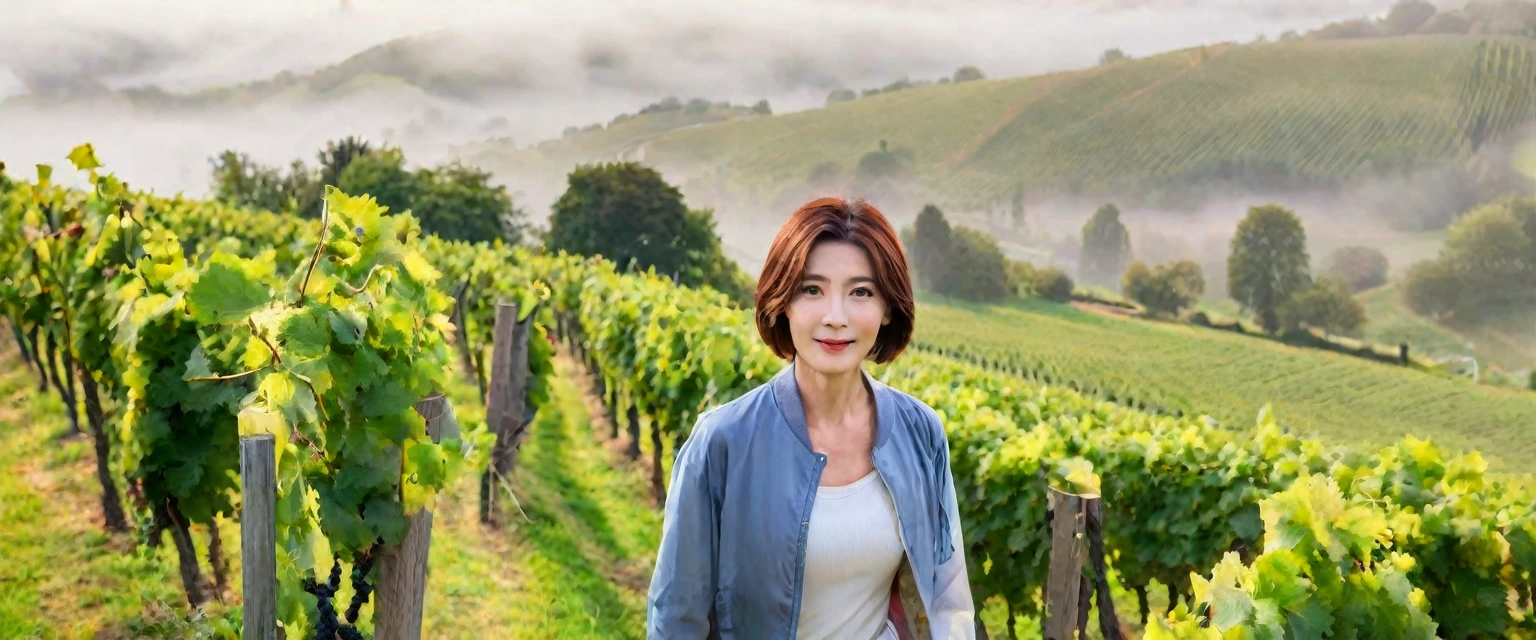 Woman in a beautiful landscape 8K highest quality, Beautiful 36-year-old Korean woman, Chest size 34 inches, Passing through the vineyards in the Swiss countryside, the cathedral is visible through the early morning fog., The back background is realistic and vivid image quality, short medium hair, Casual and British - (summer jacket) ,Perfect and realistic photos, The background is realistic. Full body shot with Canon camera 16-35 wide angle lens, expressionless, Walking up a vineyard hill covered in thick fog., Looking at the front camera
