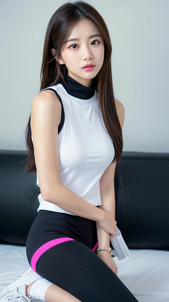 vivid,Normal chest,((between legs)),cute,(Detailed face),Sharp Eyes,Turtleneck sleeveless sporty lightweight(White)Clothes,Ultra-high resolution,(Photorealistic:1.7),Black long hair,Black Background,