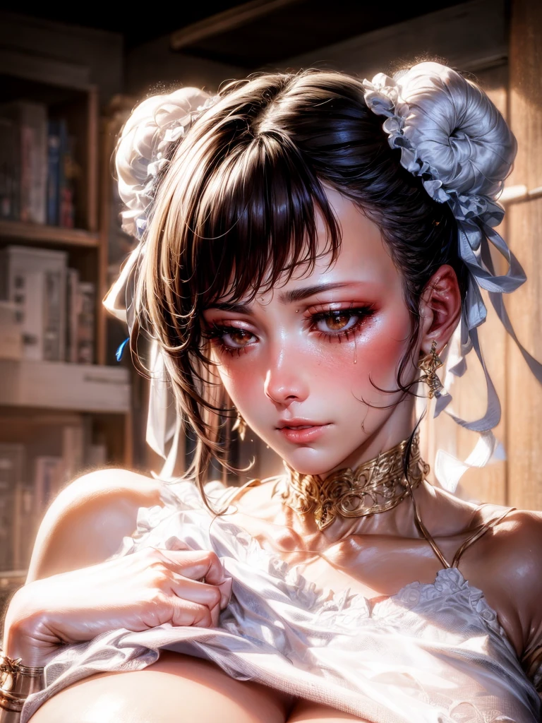 detailed face, (brown eyes), long eyelashes, realistic skin,(embarrassed:1.6),