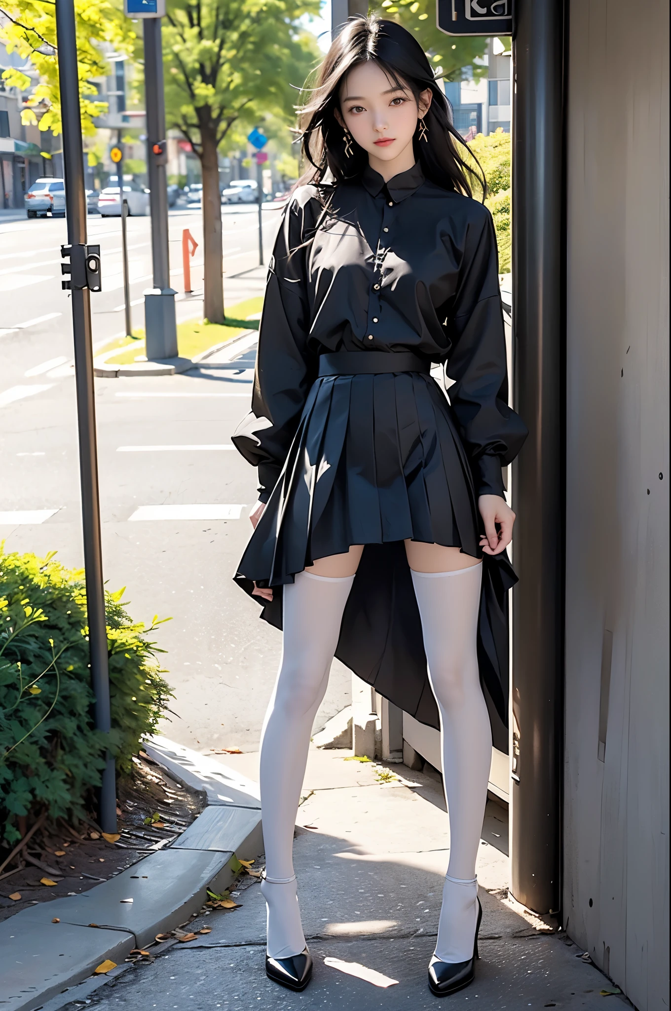 (Reality:1.4),8K,1 Girl, (masterpiece), best quality, best quality, (Delicate face:1.5),The original,high resolution, unparalleled masterpiece, ultra realistic 8K, Perfect work of art, ((Perfect female body)),Mature female, Willow Waist, Skinny,Delicate skin, Solitary, Pantyhose, skirt, White background,High heel, black Pantyhose, Black footwear, whole body, permanent, pleated skirt, permanent on one leg, Brown eyes, Long hair, Black Hair,Sleeves over wrists, Long sleeve, Open clothes, black skirt, sTreet,afternoon,Natural light,outdoor, Tree, bus stop,200 mm,Low,lens flare,