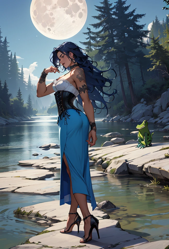 Ultra detailed skinny man (skinny man, goth, tan skin, lattin, long blue dress, corset, fashion, long dark blue hair, shallow river, wild, walking, pose, frogs, moon, magic, bottom up view, high heels over the knee)