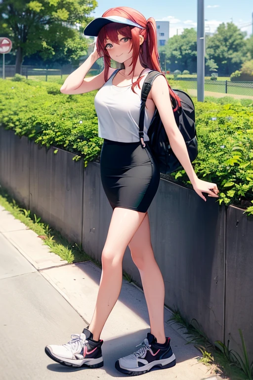 1girl, woman walking, wearing gray tank top, black midi pencil skirt, sneakers, socks, outdoors, garden, summer, sweat, long red hair, looking at viewer, full body, smile, blush, wearing visor and backpack