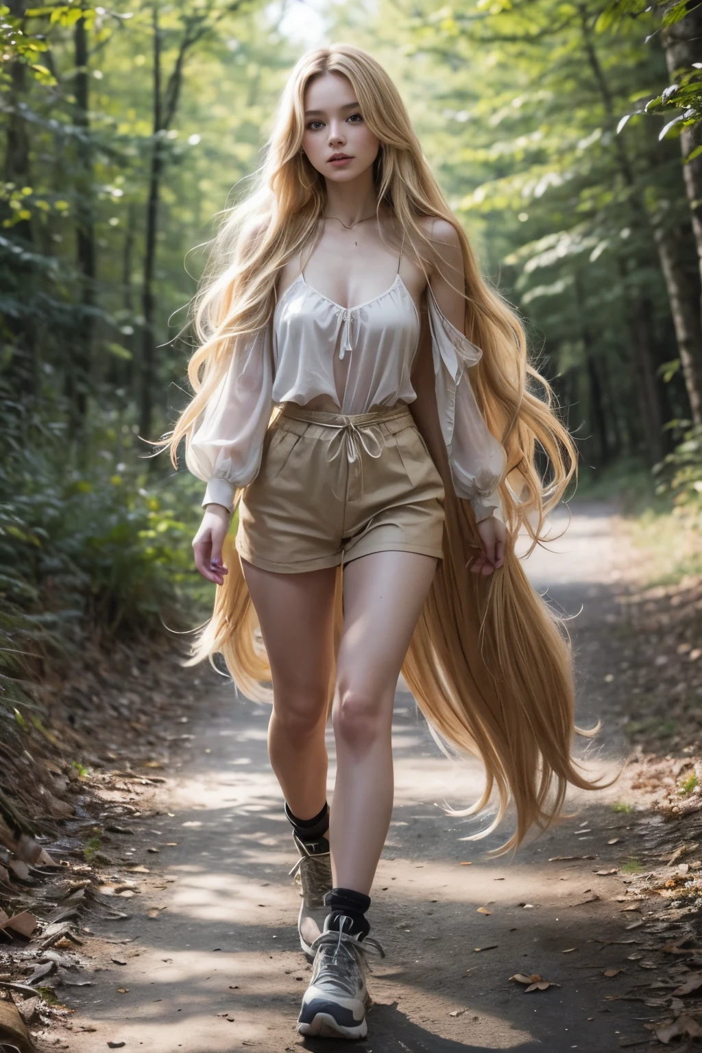 Create a blonde woman with long hair running through the woods alongside a wolf