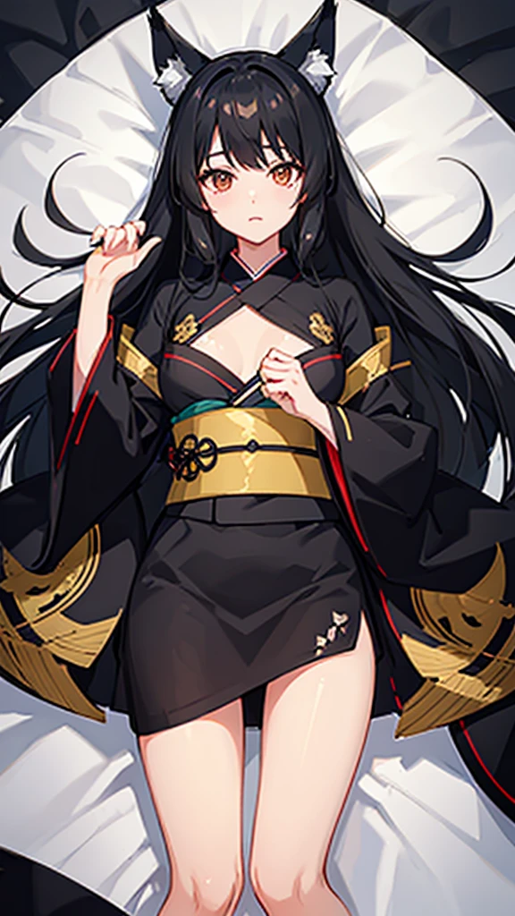 Black hair and fox ears、anime、One woman、Black Ribbon、kimono、kimono、Hime cut、anime tone、beautiful girl、best quality、high quality、good anatomy、good hands、good body、lie down、On the white bed、Facing front、adult-like