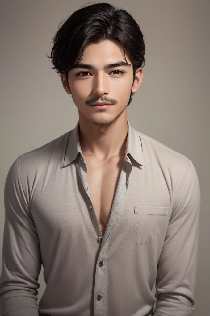 The image shows a handsome young man with very short black hair., suggesting a modern and well-groomed style. Your skin is brown, with an even and healthy tone, revealing a slight natural luminosity. He sports a thin, well-shaped mustache that complements his features., giving a touch of sophistication to your face.
Your eyes are slightly closed, with eyelids that suggest a state of relaxation or perhaps a soft smile, and lightly pulled, giving a mysterious and captivating appearance. The eyebrows are well defined, following the soft and serene expression on the face.
His overall expression is calm and gentle, with a slight smile that lights up your features, highlighting natural youth and beauty.