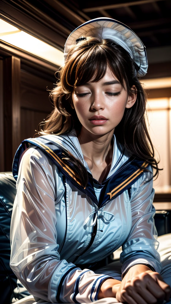 ((Sleeping:1.8))、(Translucent sailor suit:1.7)A beautiful idol girl wearing、(Highest quality、4K、8K、High resolution、masterpiece:1.2)、Super detailed、(Real、Photorealistic、Photorealistic:1.37)、Highly detailed face and eyes、Beautifully detailed lips、Long eyelashes、Dynamic pose、Dramatic lighting、Bright colors、Neon Light、Studio Lighting、Sharp focus、professional