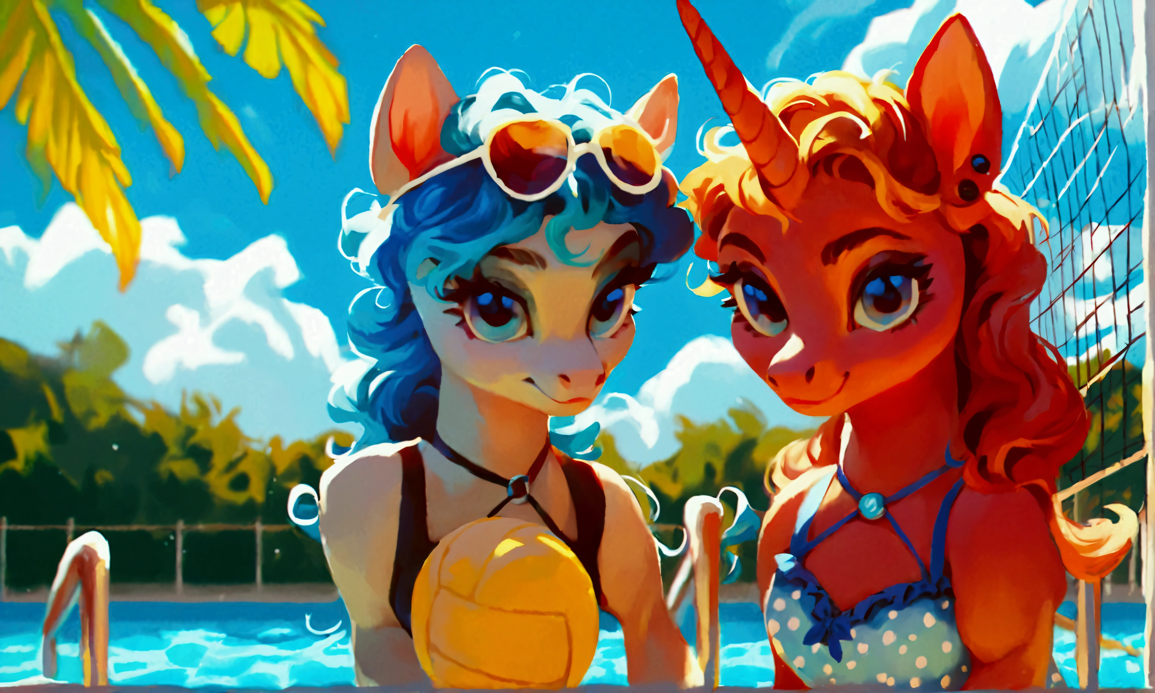 score_9, score_8_up, score_7_up, (two cute ponies playing volleyball at pool party:1.3), wearing Goth accessories, wavy hair, sunlit, summer dress with intricate design, tropical nature, (clouds:0.5), realistic retro artstyle, bright colors, rating_safe.