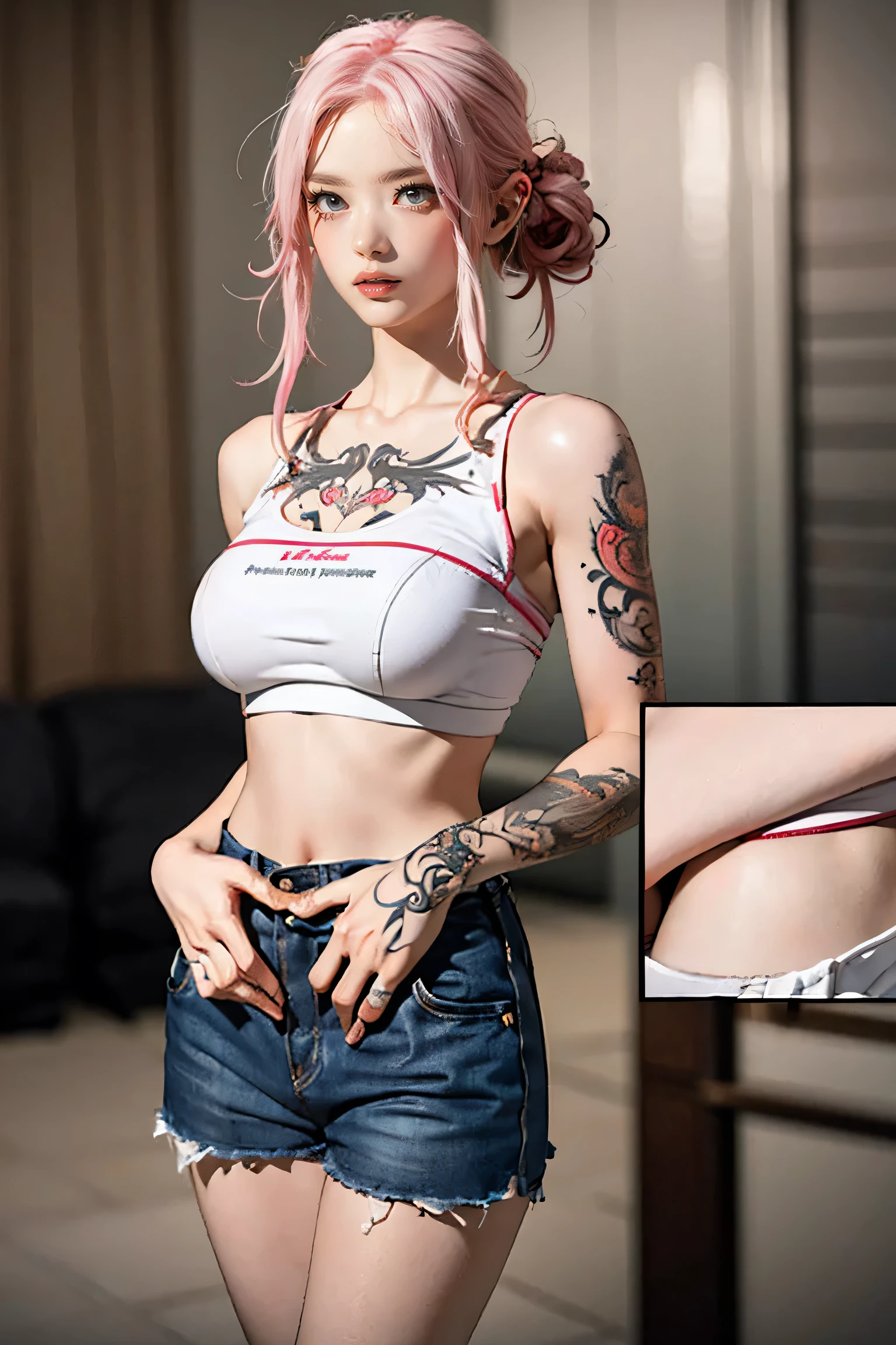 (Random Porn Poses),(Random Hairstyles),(Best image quality,(8K),Ultra-realistic,最high quality, high quality, High resolution, high quality,Attention to detail,Beautiful details,Fine details,Extremely detailed CG,Detailed Texture,Realistic facial expressions,masterpiece,in front),See-throughブラ,tight,stockings,Pink Hair, Shorts, (((Tight waist))), ((Big Breasts)),(See-through),(((He has many tattoos all over his body)),