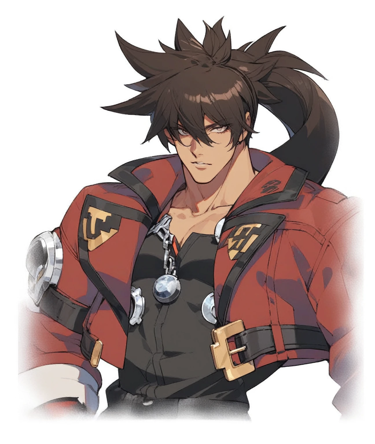 un gros plan d'une personne dans une veste rouge avec une arme à feu, équipement coupable art style, Shirow Masamune, équipement coupable art direction, équipement coupable, Gurren Lagan, gungrave, personnage principal, Kazuma Kaneko, inspiré de Ryusei Kishida, Koda Kazuma, équipement coupable strive graphics, équipement coupable strive splash art