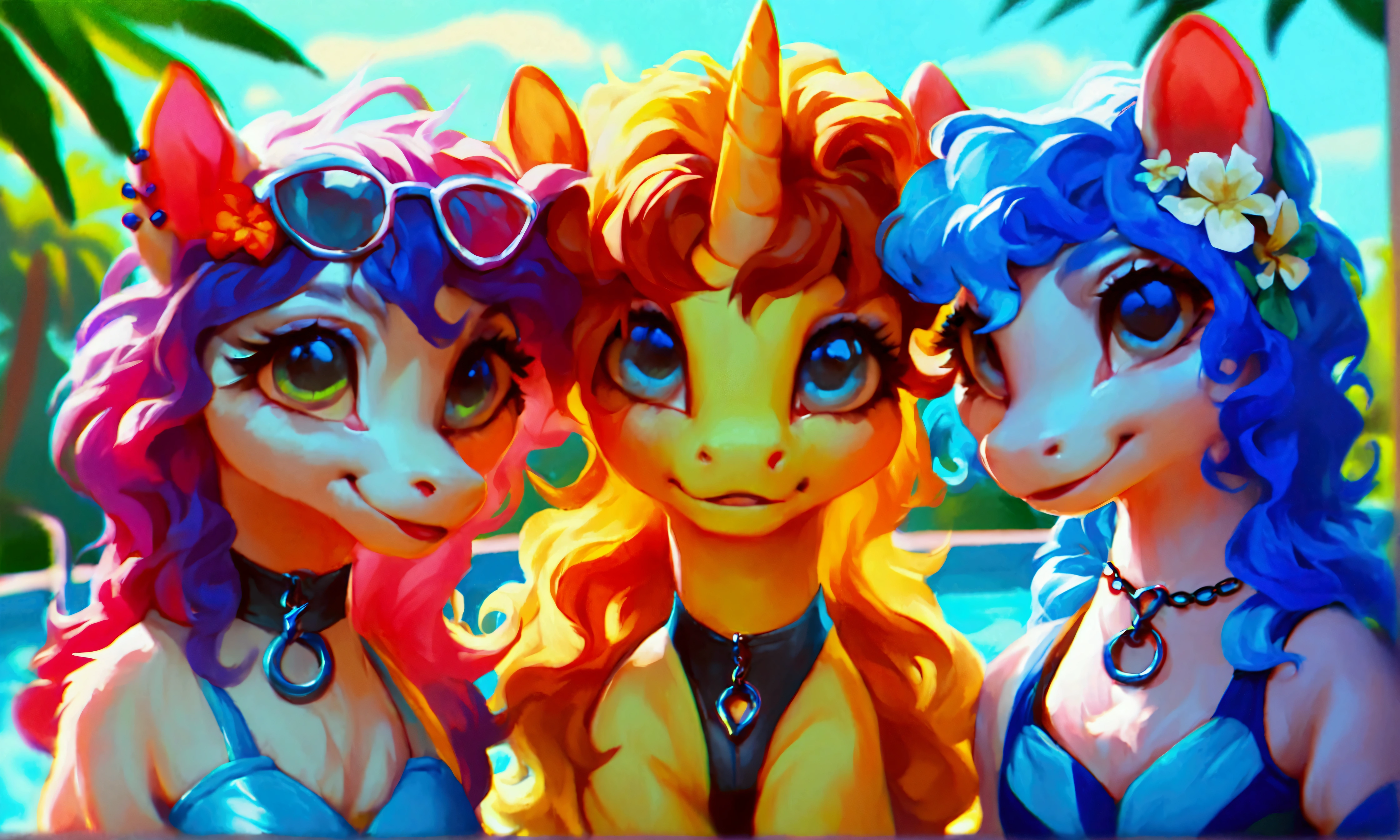 score_9, score_8_up, score_7_up, (three cute ponies sitting under umbrella at pool party:1.4), (((drinking cocktails))), wearing Goth accessories, wavy hair, sunlit, (((decorations))), summer dress with intricate design, tropical nature, (clouds:0.5), realistic retro artstyle, bright colors, rating_safe.
