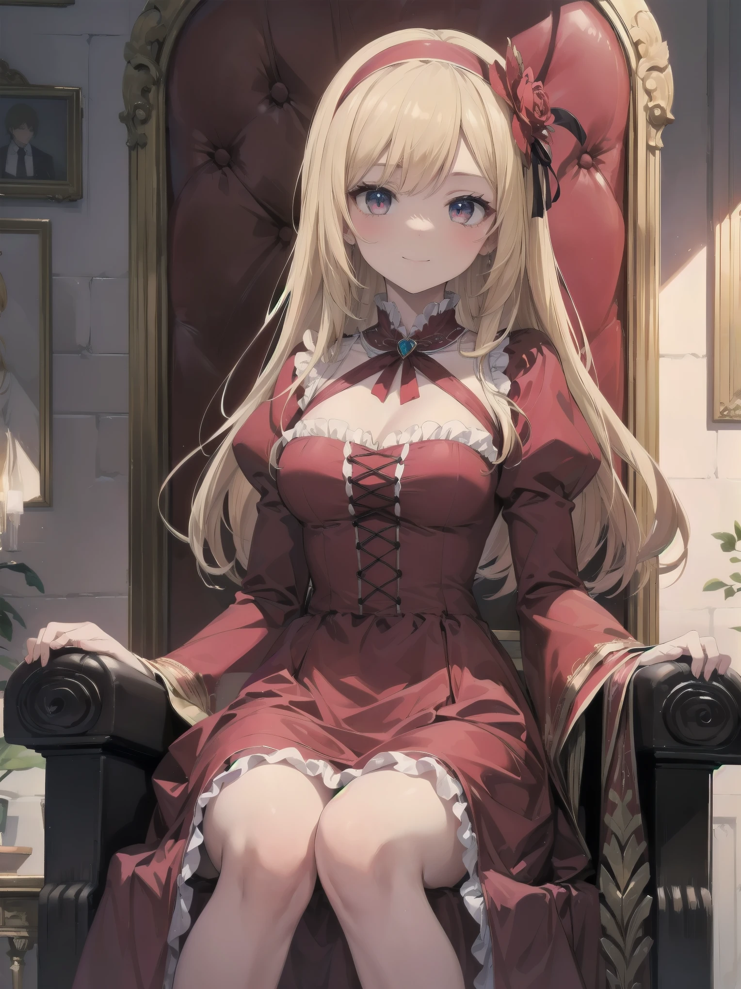 score_9, score_8_up, score_7_up, score_6_up, source_anime, 1girl, solo,  defAlexia, long hair, blonde hair, red hairband, brooch, red ballgown, puffy sleeves, frilled sleeves, looking at you, smile, sitting on throne, throne, indoors, stone walls, worried, hand to own chest