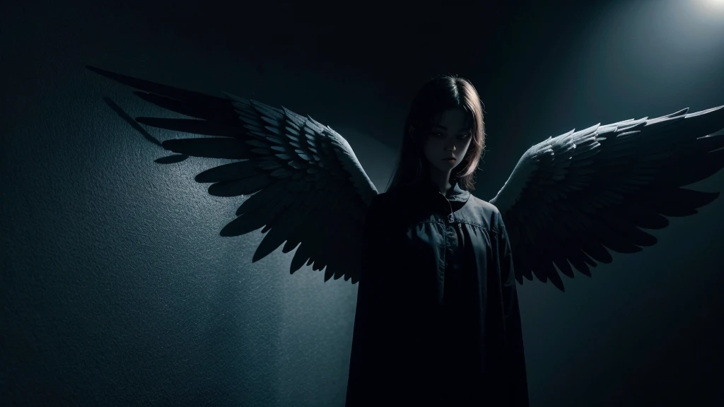 Create an image of an angel shadow with a dark background and the words “Which Mysterious Angel Exists?”
The image must contain a dark and mysterious atmosphere.
