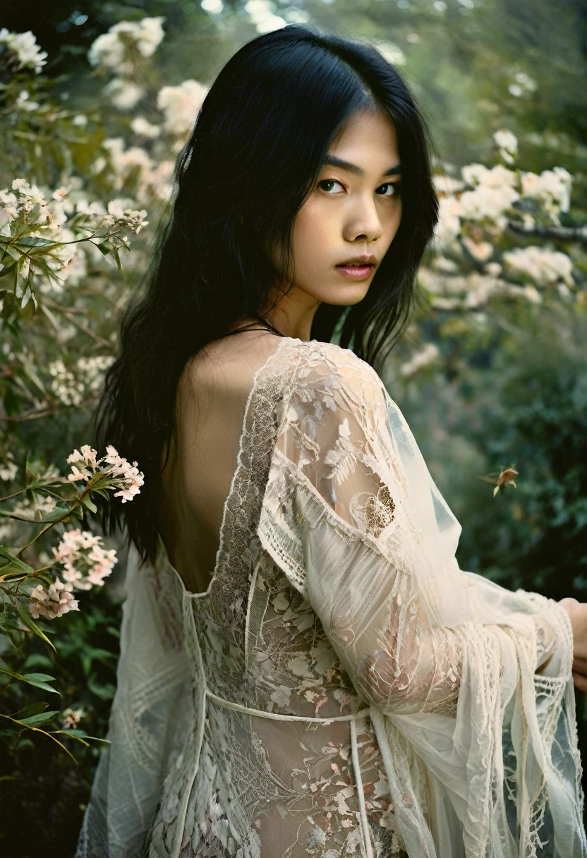 Ethereal Beauty in a Garden, digital art photograph, beautiful asian supermodel's face and body obscured by flowers, lace-trimmed garment, soft lighting, translucent fabrics, ethereal quality, dreamlike atmosphere, subtle colors, natural garden setting, Sally Mann-inspired style.