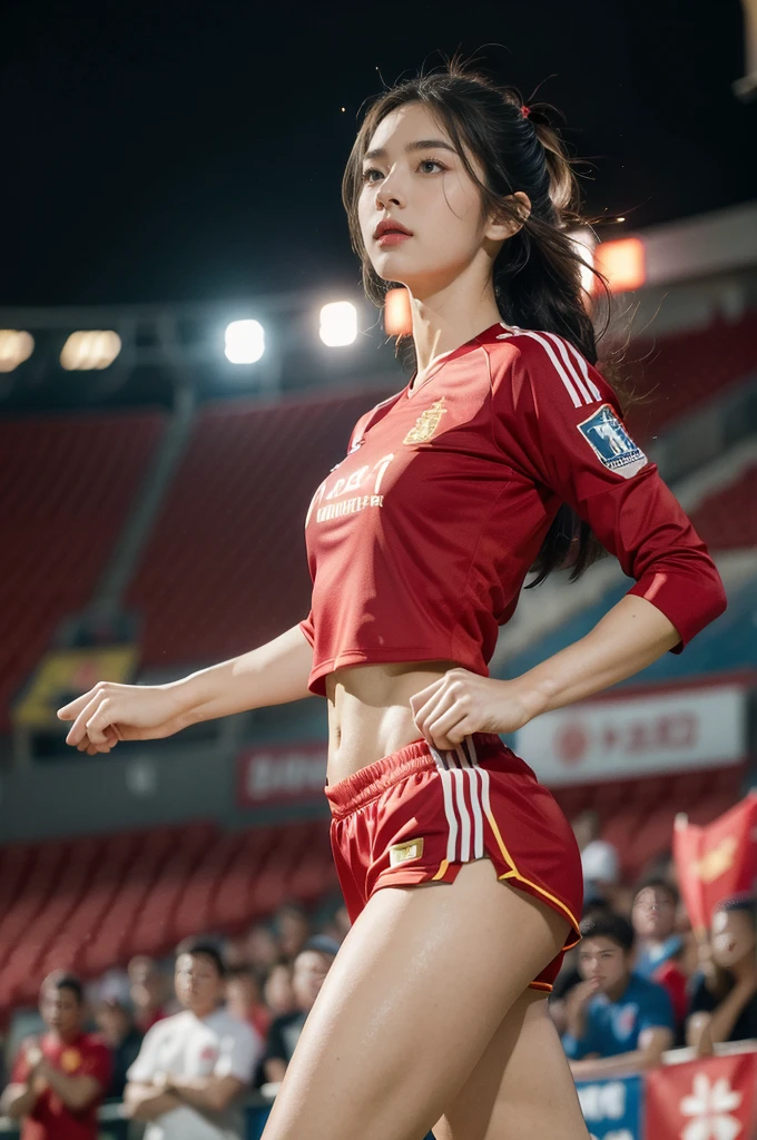 (((best quality))), (((ultra detailed))), (((masterpiece))), illustration, female footballer, Spanish team, red jersey, blue shorts, determination, agility, passion, dedication, energetic crowd, vibrant atmosphere, electric, invigorating, chaotic, aggressive movements, powerful kicks, elegance, composure, intensity, beauty, sports, moment, perseverance, stands, packed stands, enthusiastic fans, roaring, supportive, cheering, chanting, sheen of sweat, skillful, dynamic, picturesque, atmospheric, action-packed, dramatic, realistic,adium, night game, stadium lighting, passionate player, focus, determination, talent, artistry, movement, speed, grace