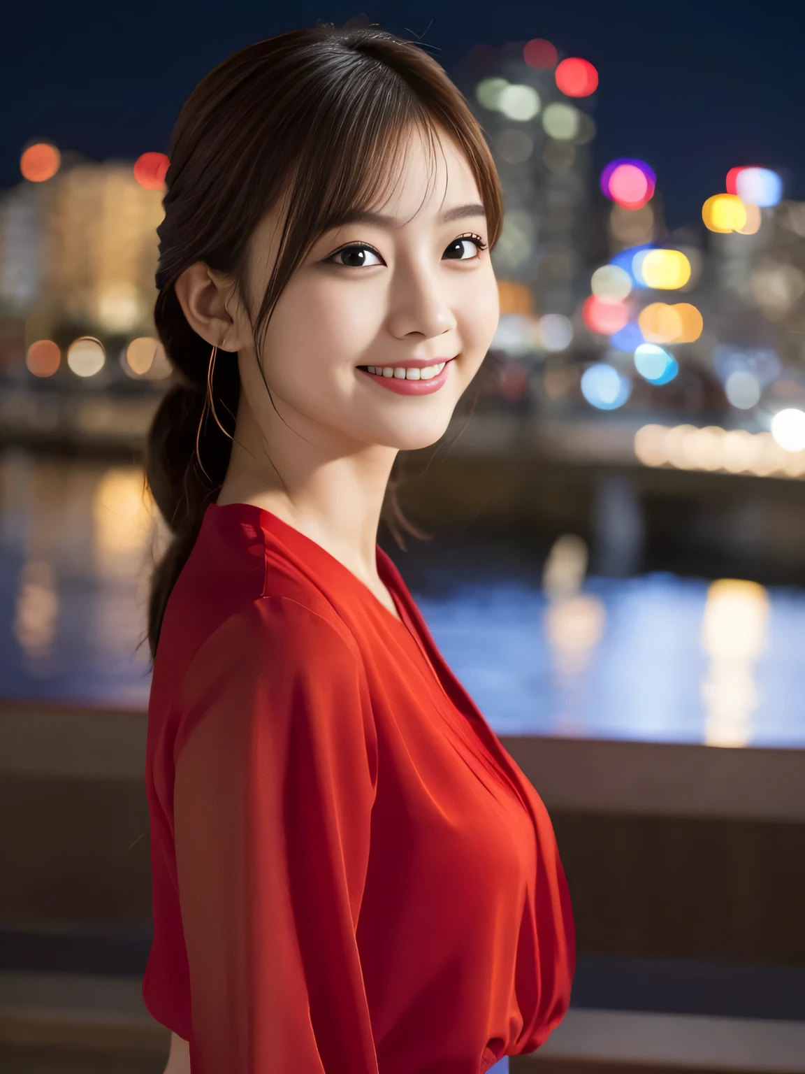 1 girl, (wearing a red blouse:1.2), Beautiful Japan actress,
(RAW photo, highest quality), (realistic, Photoreal:1.4), masterpiece,
very delicate and beautiful, very detailed, 2k wallpaper, wonderful,
finely, Very detailed CG Unity 8K 壁紙, super detailed, High resolution,
soft light, beautiful detailed girl, very detailed目と顔, beautifully detailed nose, beautiful and fine eyes,
cinematic lighting, Against the backdrop of the cityscape at night, city lights, perfect anatomy, slender body, smile, Random body orientation,