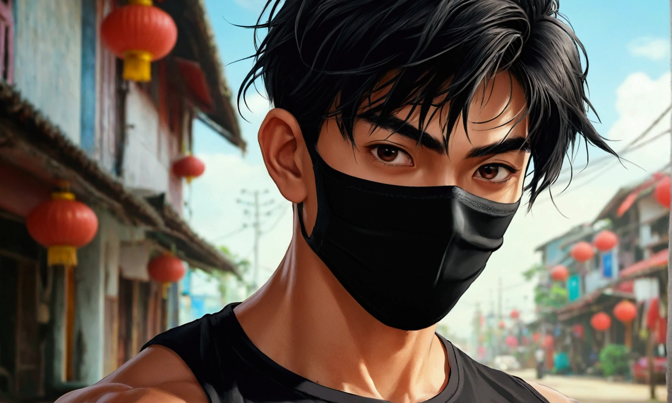 Young man with a Thai-Asian face,small eyes,Sharp eyebrows ,8K images,realistically,Wear a tight sports t-shirt.,Have muscles,Wear a black mask to cover your face.,Secondary hair style