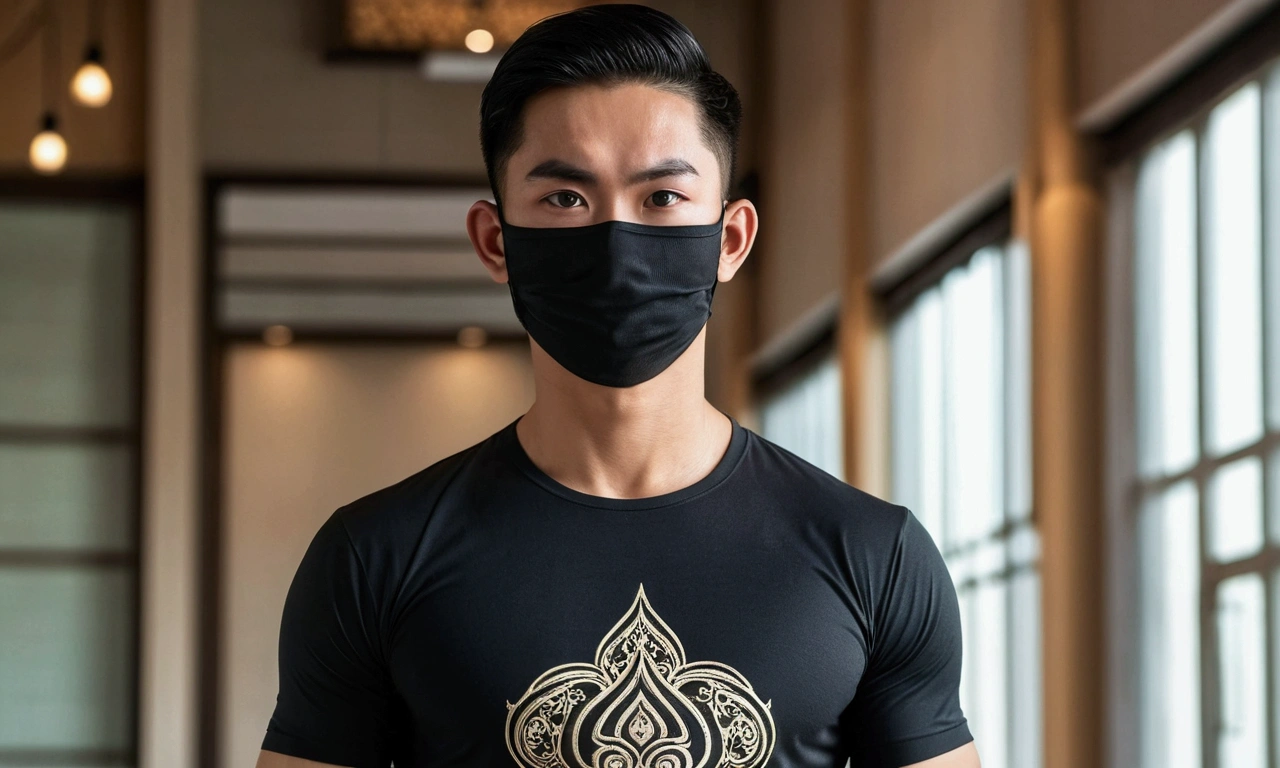 Young man with a Thai-Asian face,small eyes,Sharp eyebrows ,8K images,realistically,Wear a tight sports t-shirt.,Have muscles,Wear a black mask to cover your face.,Secondary hair style