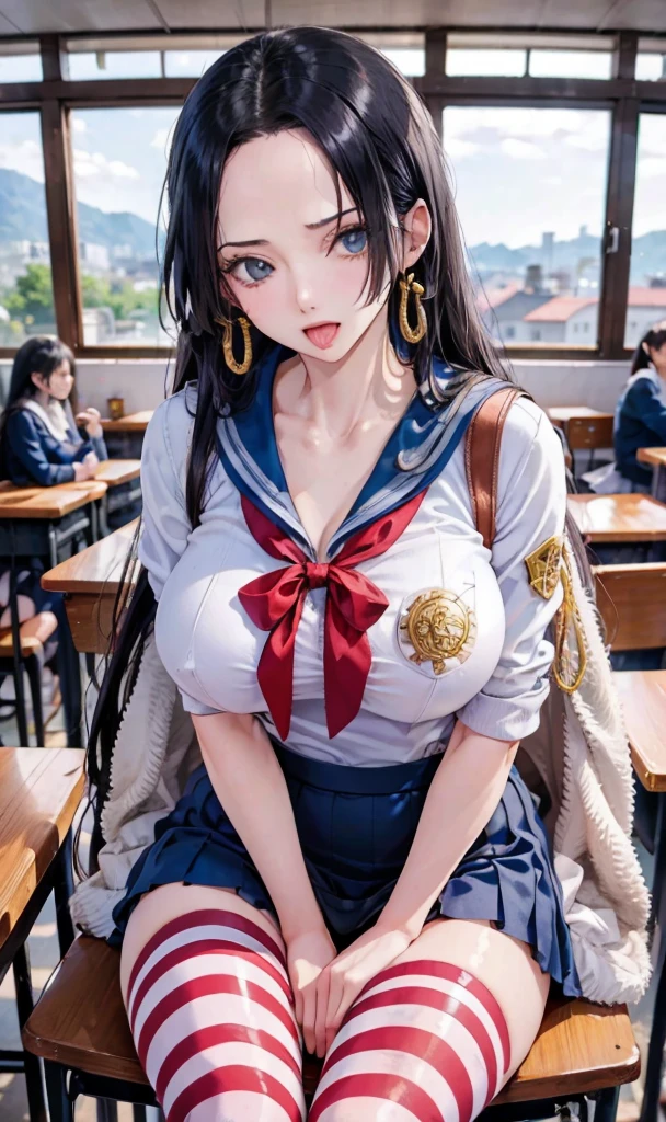 best quality, masterpiece, highly detailed,1girl, Boa Hancock,, (masterpiece:1.5), Detailed Photo, Smiling,(8K, Photorealistic, Best Quality: 1.4), (1girl), Beautiful Face, (anime realistic Face), (Black Hair, long Hair: 1.3), Beautiful Hairstyle, Realistic eyes, beautiful detail eyes, (realistic skin), beautiful skin, (sweater), absurd, attractive, ultra high resolution, ultra realistic, high definition, golden ratio, Huge breasts, Big Ass, Slim waist, Wide hips, (super tight uniform school), view from behind, back view