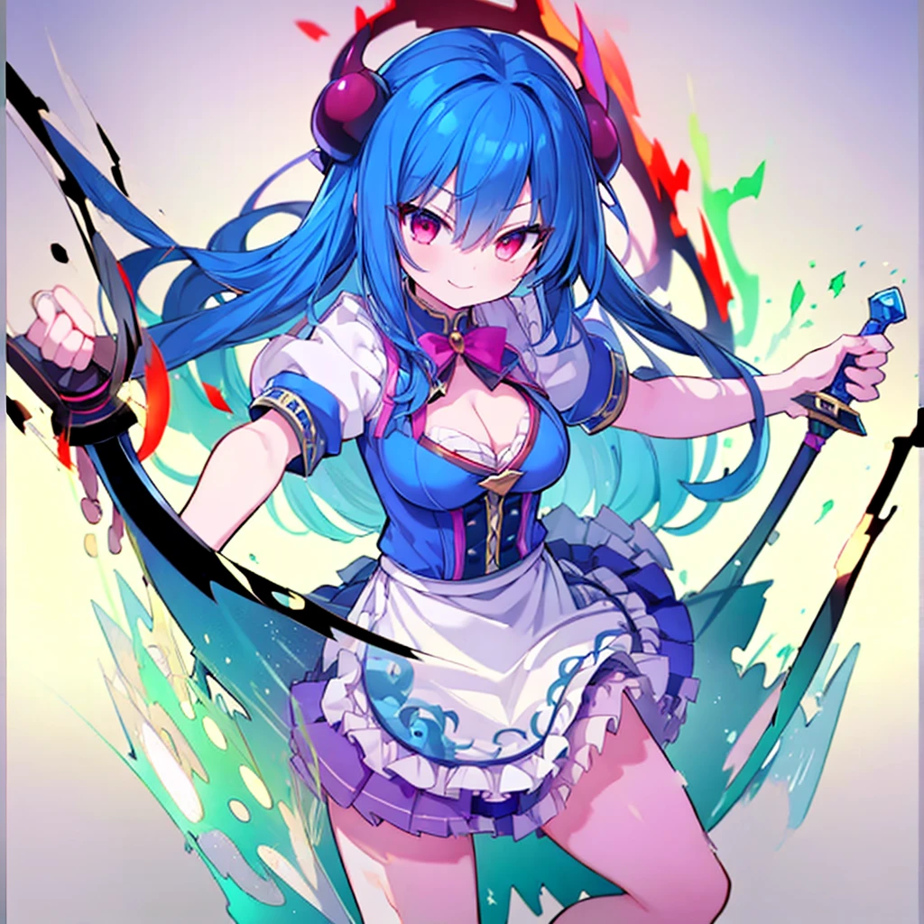 (masterpiece),best quality, perfect face, 1girl, beautiful, legendary hero girl, blue armor, blue long hair, Red eyes, evil smile, medium breast, cleavage, holding a sword, looking at viewer, fantasy background, longsword, attack stance