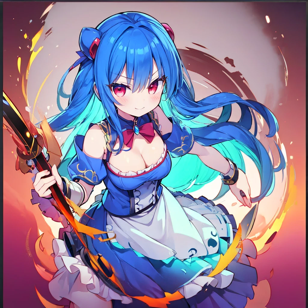 (masterpiece),best quality, perfect face, 1girl, beautiful, legendary hero girl, blue armor, blue long hair, Red eyes, evil smile, medium breast, cleavage, holding a sword, looking at viewer, fantasy background, longsword, attack stance