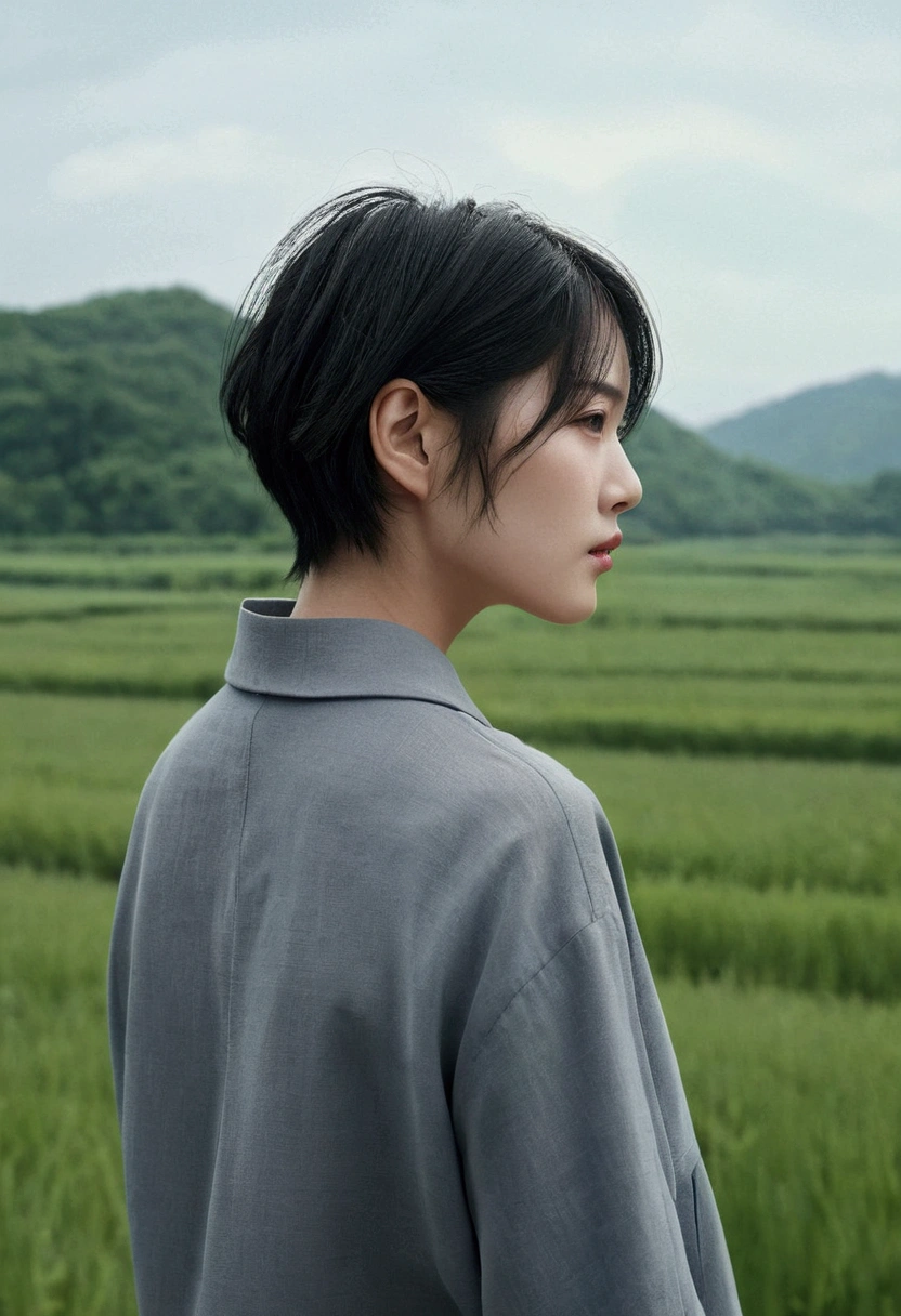 high resolution、high quality、high resolution delicate woman Landscape Shortcut Hair Style Straight Neck Hunchback Negative I'm not feeling well Lucky Background gray color