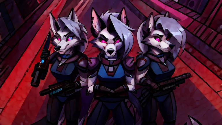 (masterpiece, best quality:1.2), troops of Vortex female hellhounds, a couple of male bodyguards, wolves, furry, helluva boss, hypnotized with glowing purple eyes, angry serious face, wearing futuristic armor, using a Pulse Rifle, Energy Rifle, Futuristic assault rifle, commanded by Loona, troops formed in rows like soldiers aerial view, hell streets background
