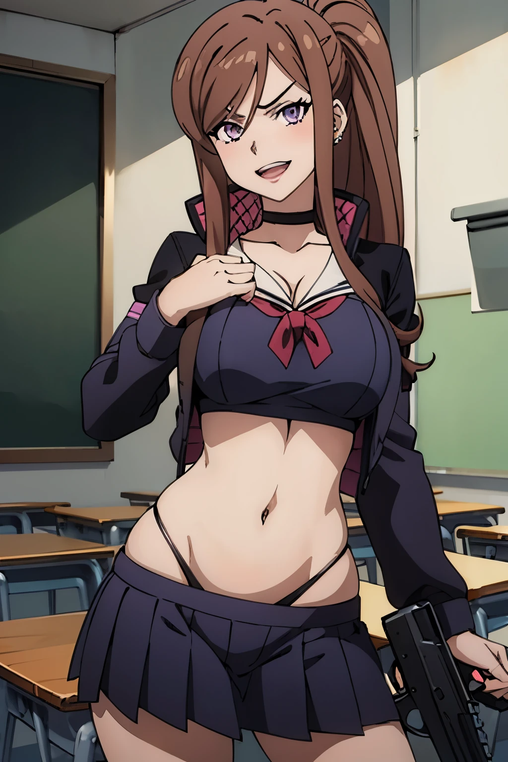 , (anime:1.4), 1girl, solo, claudia_synduality_noir, brown hair, purple eyes, long hair, ear piercing, long hair, blush, lipstick,Hot girl, baddie, staring, glaring, bad attitude, mean girl, dare, angry, hate, crazy, smoking, sensual, attractive ,large breast, masterpiece, best quality, highly detailed, a anime girls in sailor uniforms with a gun posing for a picture,
evil smile, smile, open mouth,black_serafuku, ecchi anime style, anime girls ,
ecchi style, ecchi, shipgirls, digital anime art!!, high school girls, holding a gun, hold a gun, anime style 4
k, micro skirt, exposed belly, exposed navel, exposed midriff,
exposed lower belly,school, classroom, 