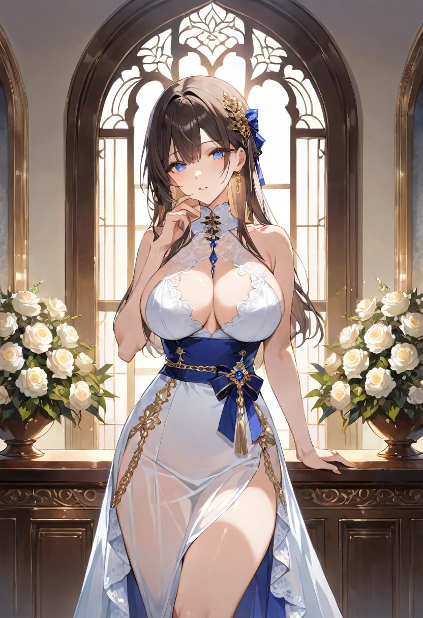 masterpiece, best quality, ultra detailed, detailed eyes, sparkling eyes, nsfw, ((large breasts)), (((see through))), 1girl, The image features a young woman with long, dark hair adorned with a golden hair accessory and a blue ribbon. She has a fair complexion and striking blue eyes. Her attire is a blend of elegance and modern fashion, characterized by a black, lace-trimmed halter dress that accentuates her figure. The dress has intricate details, including a high neck with lace accents, a fitted bodice, and gold chain decorations around the waist and hips. She is standing in a beautifully decorated indoor space filled with vibrant yellow and white flowers, creating a warm and inviting atmosphere. The background showcases large, arched windows that allow natural light to flood the scene, highlighting the floral arrangements and adding a soft glow to the overall setting. The woman’s expression is gentle and somewhat contemplative, as she touches her face lightly with one hand, giving the image a serene and intimate feel.