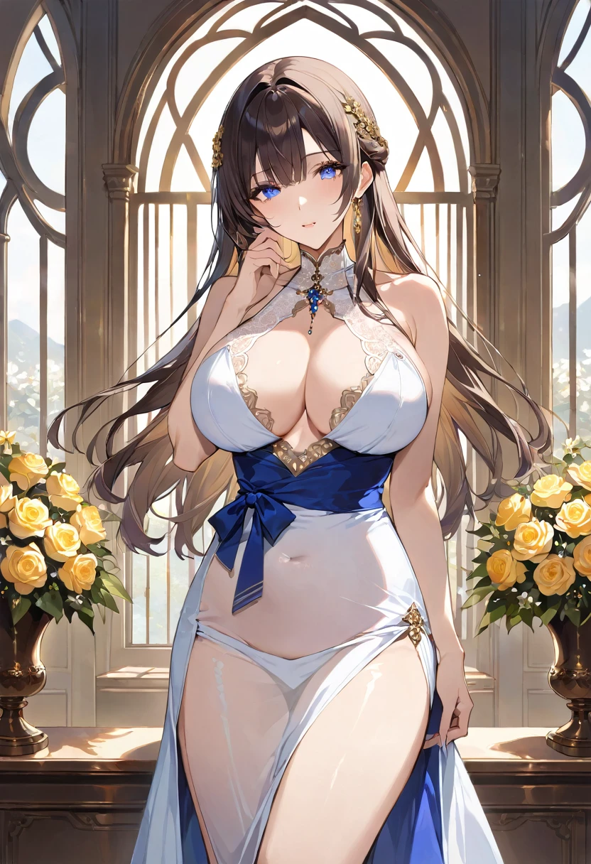 masterpiece, best quality, ultra detailed, detailed eyes, sparkling eyes, nsfw, ((large breasts)), (((see through))), 1girl, The image features a young woman with long, dark hair adorned with a golden hair accessory and a blue ribbon. She has a fair complexion and striking blue eyes. Her attire is a blend of elegance and modern fashion, characterized by a black, lace-trimmed halter dress that accentuates her figure. The dress has intricate details, including a high neck with lace accents, a fitted bodice, and gold chain decorations around the waist and hips. She is standing in a beautifully decorated indoor space filled with vibrant yellow and white flowers, creating a warm and inviting atmosphere. The background showcases large, arched windows that allow natural light to flood the scene, highlighting the floral arrangements and adding a soft glow to the overall setting. The woman’s expression is gentle and somewhat contemplative, as she touches her face lightly with one hand, giving the image a serene and intimate feel.