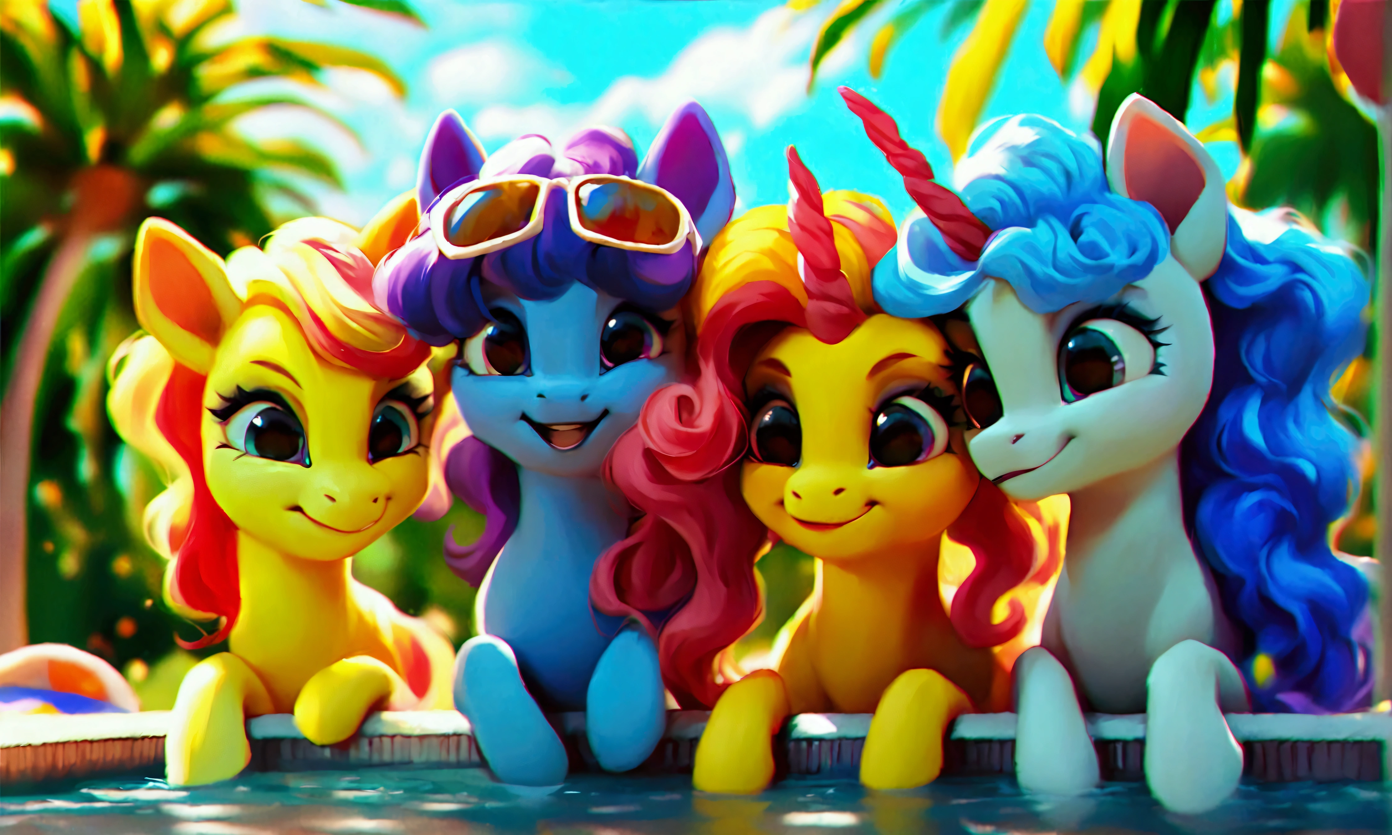 score_9, score_8_up, score_7_up, (three cute ponies at pool :1.3), playing volleyball, wearing Goth accessories, wavy hair, sunlit, intricate design, tropical nature, (clouds:0.5), realistic retro artstyle, bright colors, rating_safe.