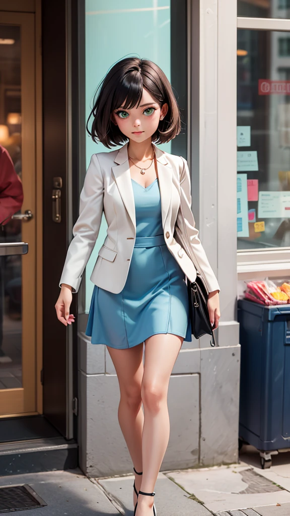 **Scene 2: Emily’s Determination**
"Emily continues to make her way through the crowded streets, her expression resolute. She dodges pedestrians and swiftly maneuvers around street vendors. Her light blue dress flutters slightly in the breeze, and her black heels click purposefully against the pavement. As she nears the office building, she pauses briefly to straighten her fitted white blazer and smooth her dress. She takes a deep breath, adjusts her sleek black portfolio bag, and checks her reflection in a nearby window. Her striking green eyes reflect her determination to make a good impression, a small smile forming as she imagines her success. With renewed focus, Emily heads towards the entrance, ready to face her interview."