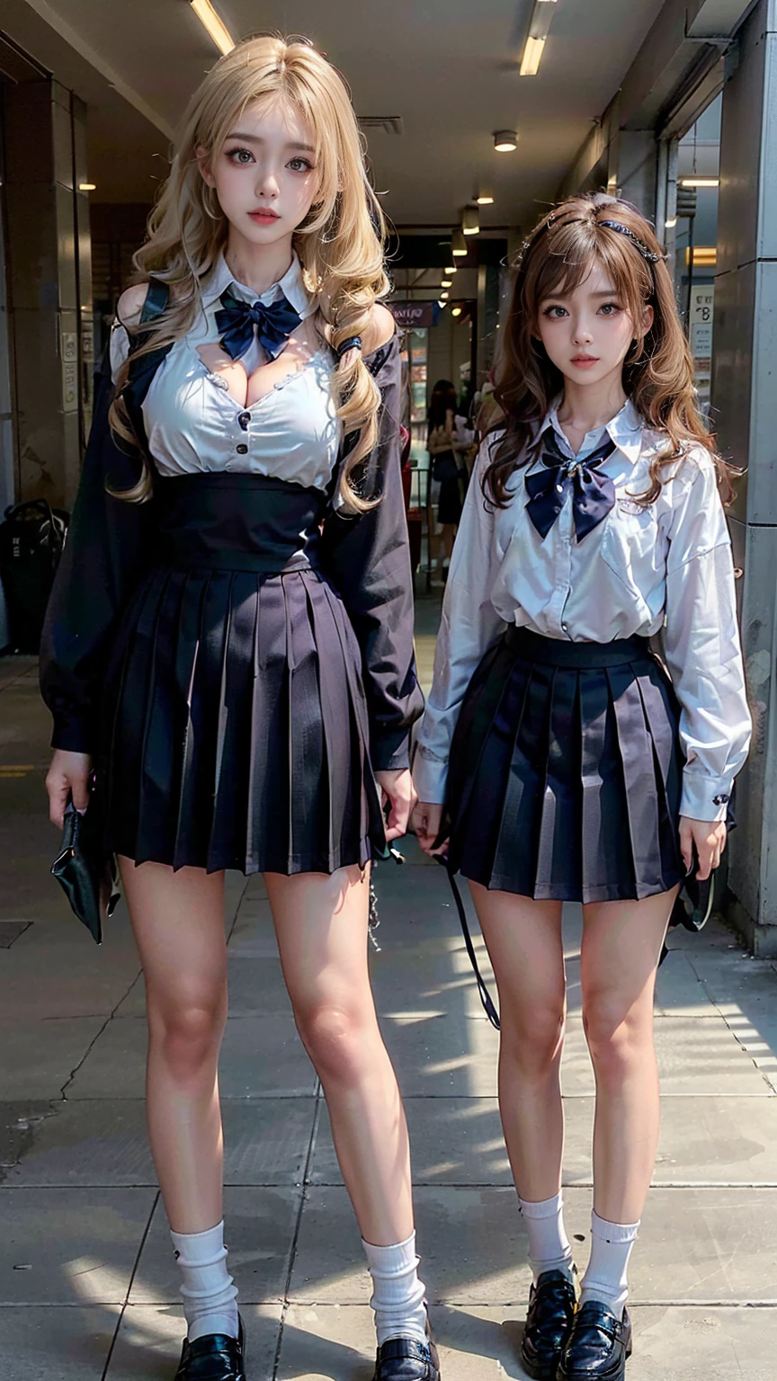 (scene; (Two women:1.8)), A gal of about the same height, (Two high school girls), (Shopping mall, Shopping Street, street, Outdoor), Full body portrait, Photograph the whole body, Are standing, (Tall, Thin thighs, Elongated arms and legs, Small waist, Small hips), ((Highly detailed skin), Beautiful realistic face, White skin, Pointed Chest, Perfect Anatomy, Realistic eyes, Natural Eyes, Brown eyes, Accurate eye focus, Accurate limbs), (Hyper Realist, Ultra-realistic, 4K, Attention to detail, Ultra-high resolution, Highest quality, masterpiece, Presence, dynamic, Uplifting, bold, Sharpness), (Big Breasts:1.5), (Cleavage:1.5), (Blonde long hair:1.5, loose wavy long hair:1.5, Loose curly hair:1.5), (sleek bangs), (Twin tail hair), ((White collared shirt, Navy pleated mini skirt, Navy colored socks, Black loafers, Ribbon tie)), High school girl in uniform, Surreal high school girl, tall, High school girls in uniform, smile, Cleavageを強調, (Are standingTwo high school girls:1.8),