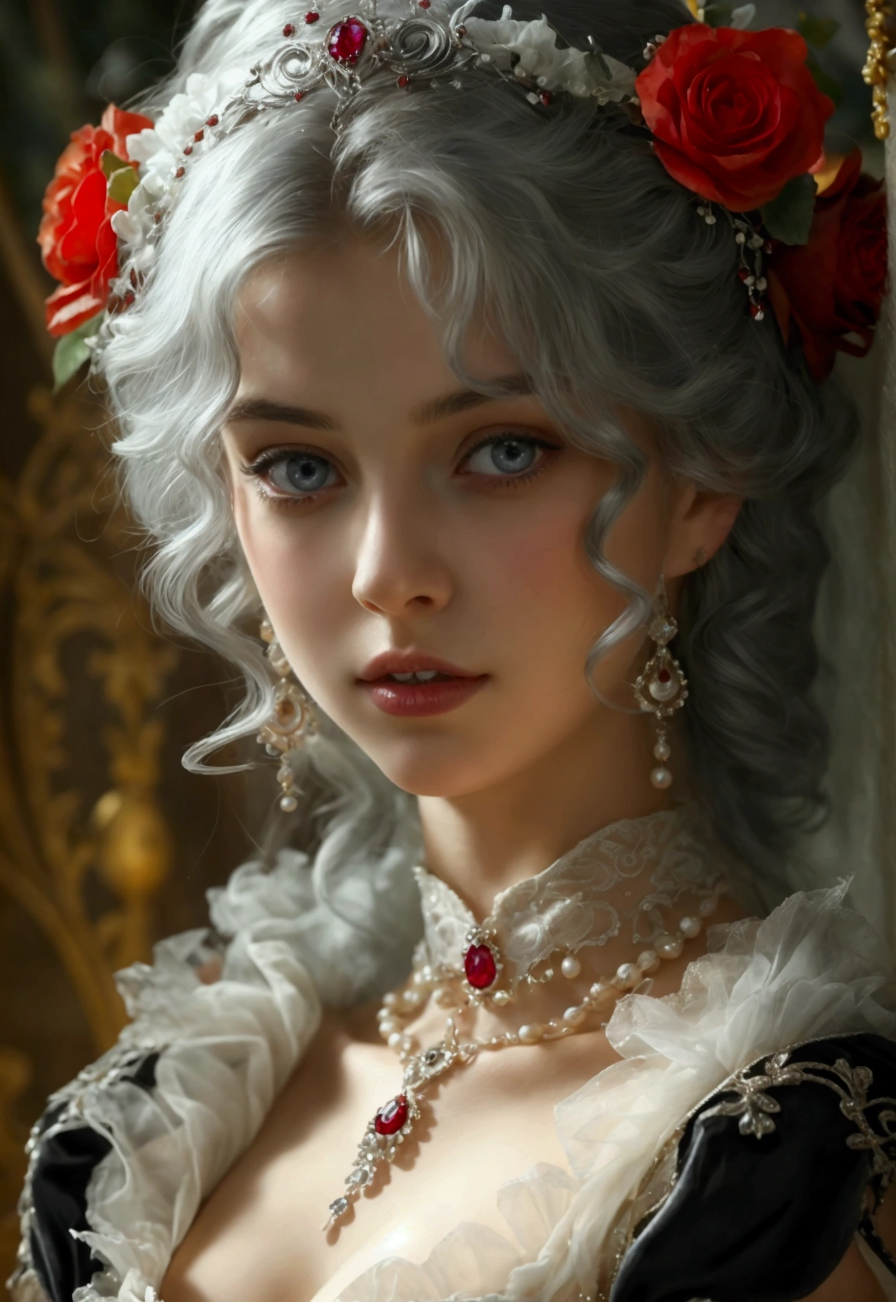 a beautiful girl, pale, with big eyes, shoulder-length hair and wearing the clothes of the red queen 